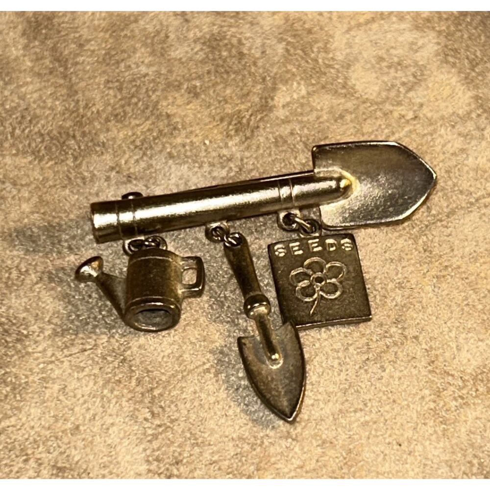 Vintage Gardening Charm Brooch Shovel Watering Can Seeds Dangle Pin Silver Tone